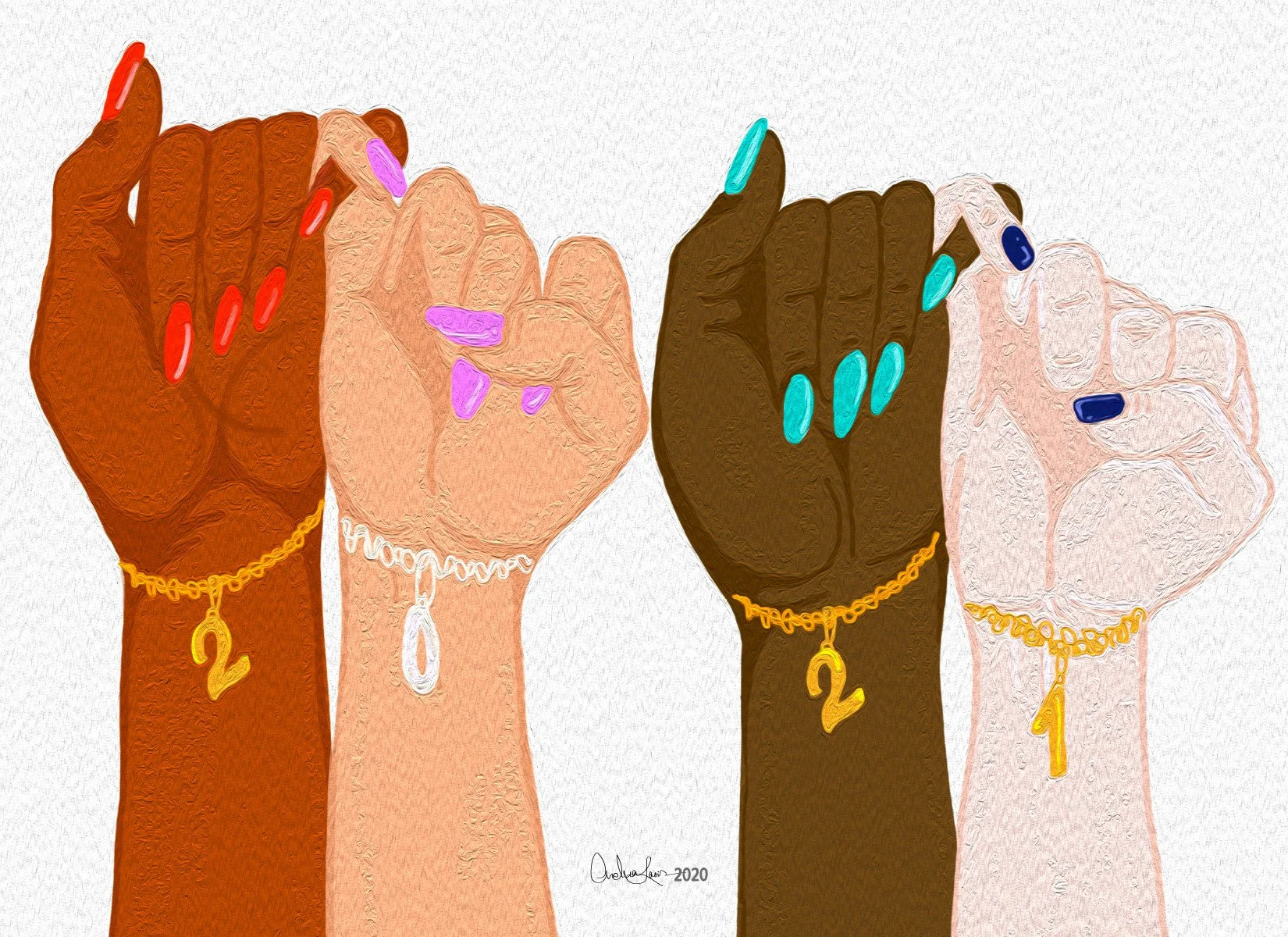 Four clenched fists with different skin tones, wearing colorful nail polish, and gold chain bracelets with number charms for 2 and 1, raised together in unity.