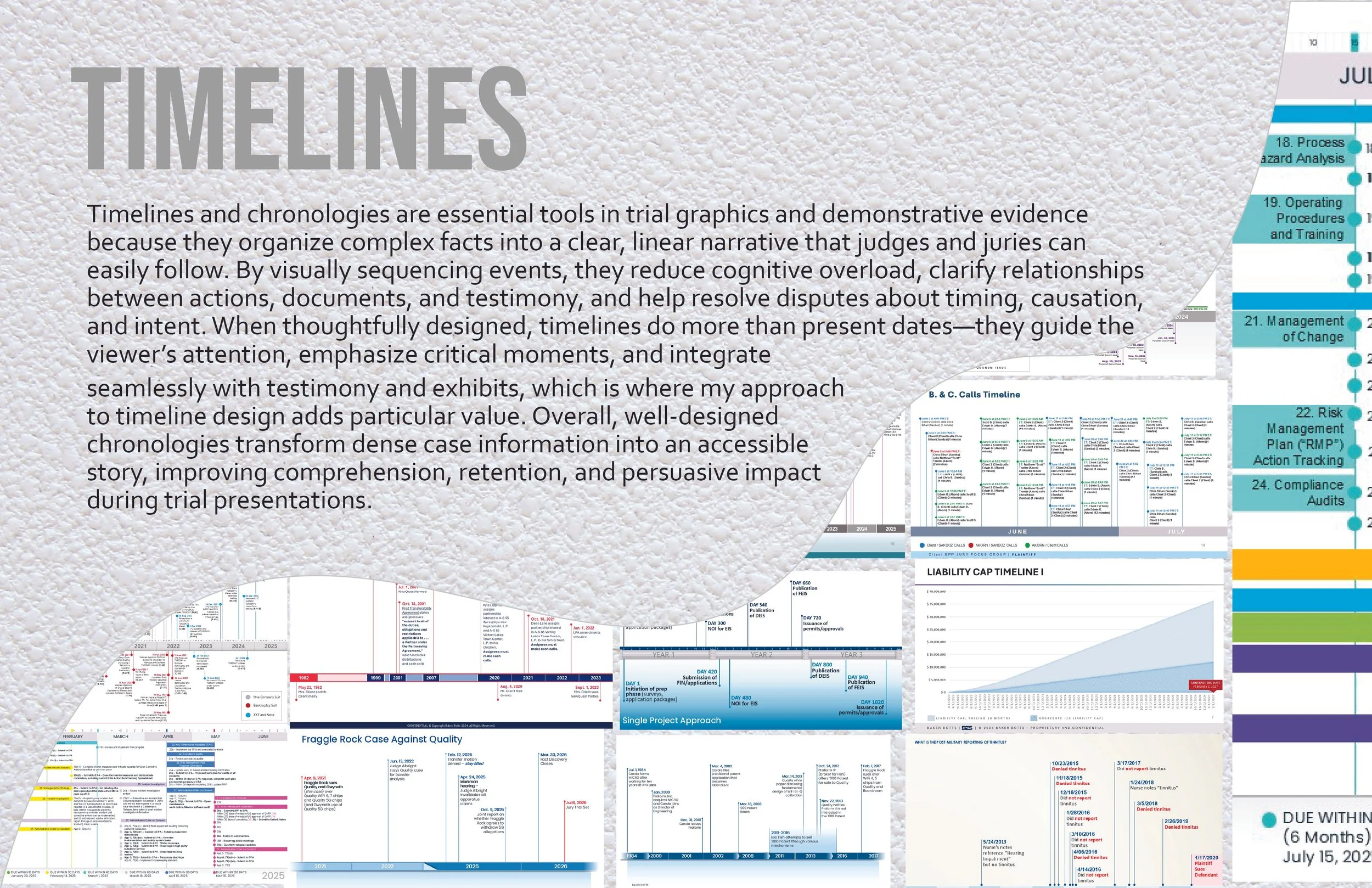 An infographic explaining the importance of timelines in trial graphics, with example timelines and a textured background.