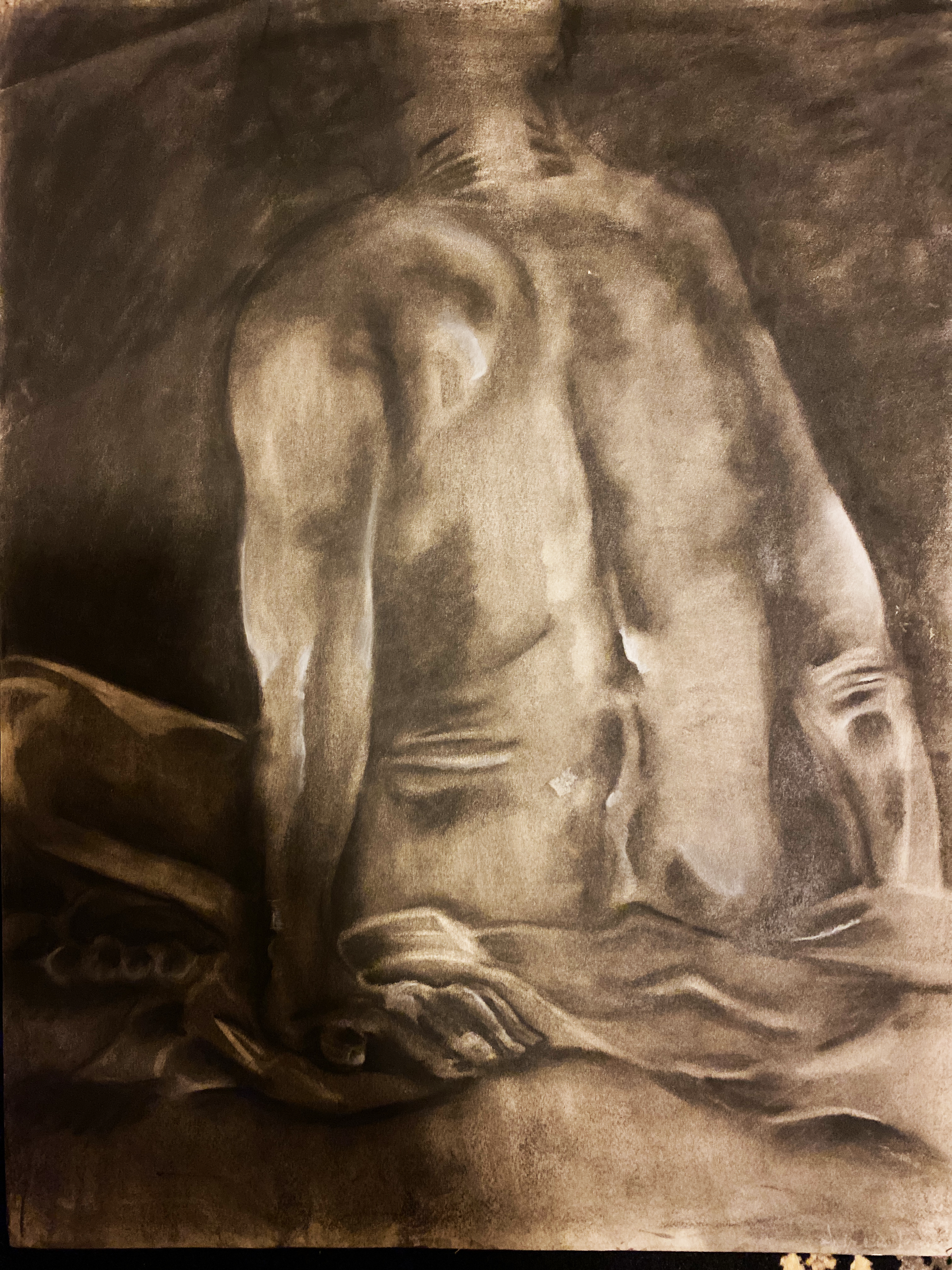 Sepia-toned painting of a reclining male nude figure with a partially draped cloth underneath, seen from the back.