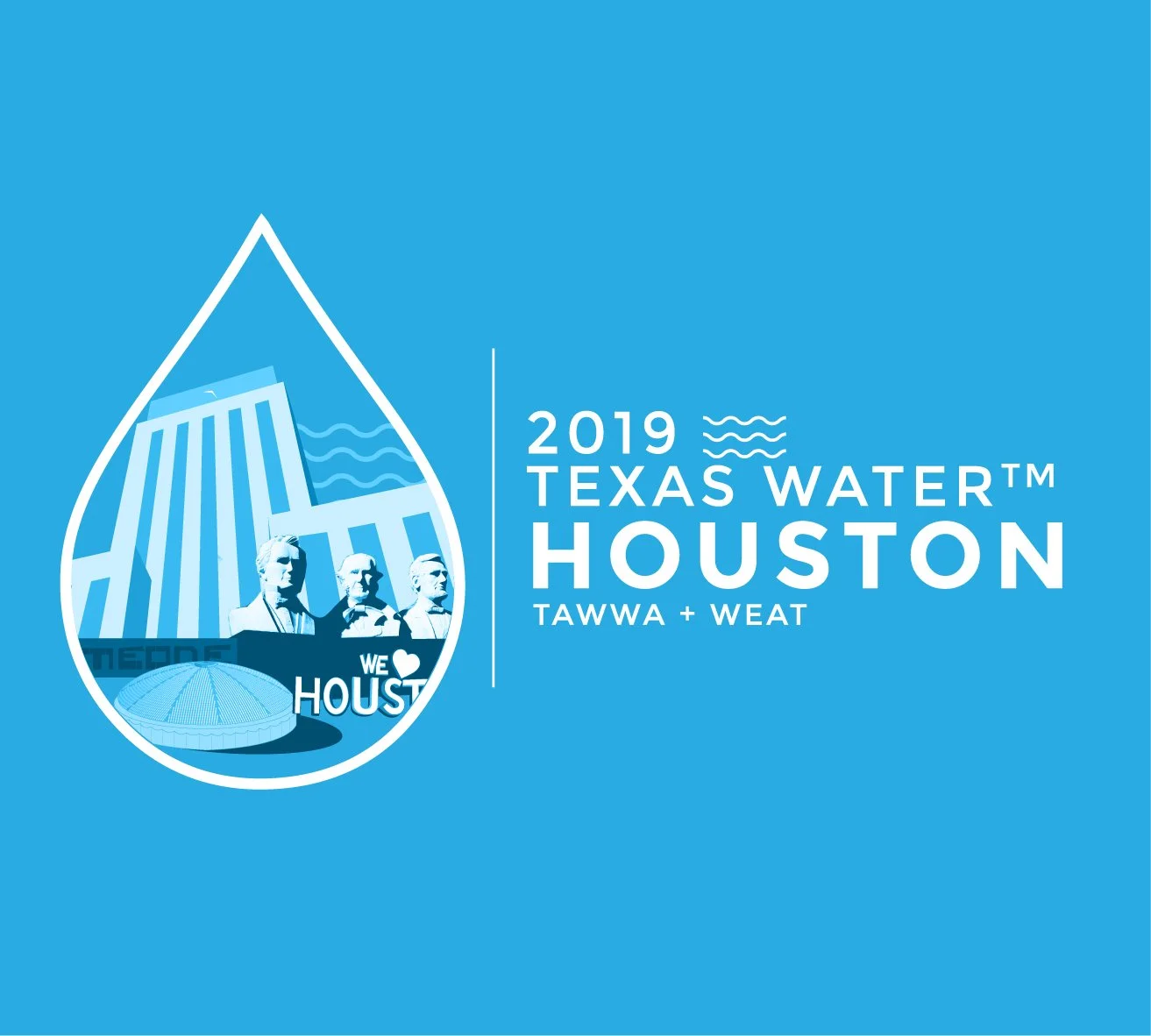 Logo for the 2019 Texas Water™ event in Houston, featuring a water droplet shape with Houston city landmarks, water waves, and the phrase 'We Heart Houston' on a blue background.