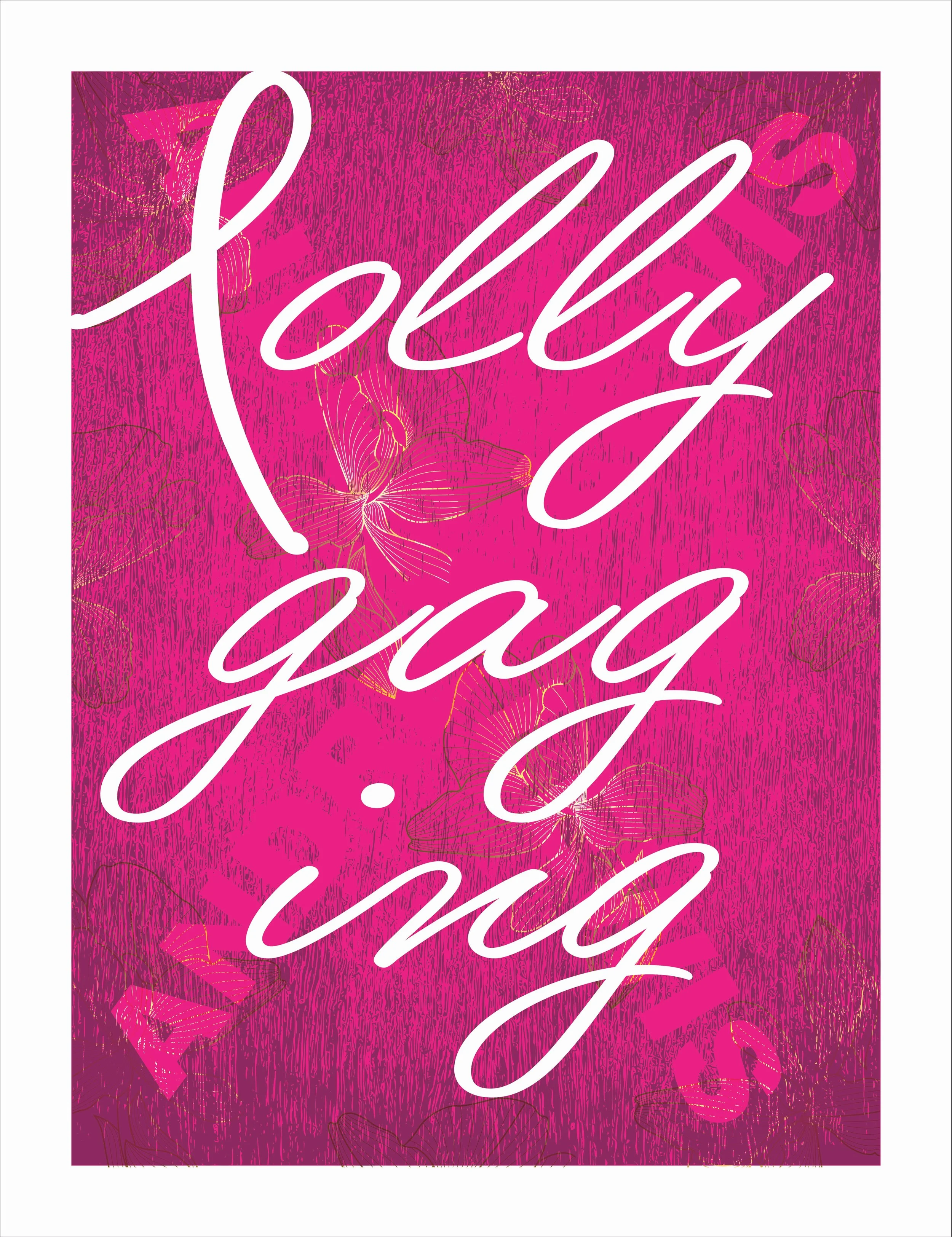 Pink background with gold butterflies and abstract patterns, large white handwritten text saying 'Sorry I gaaa,'.