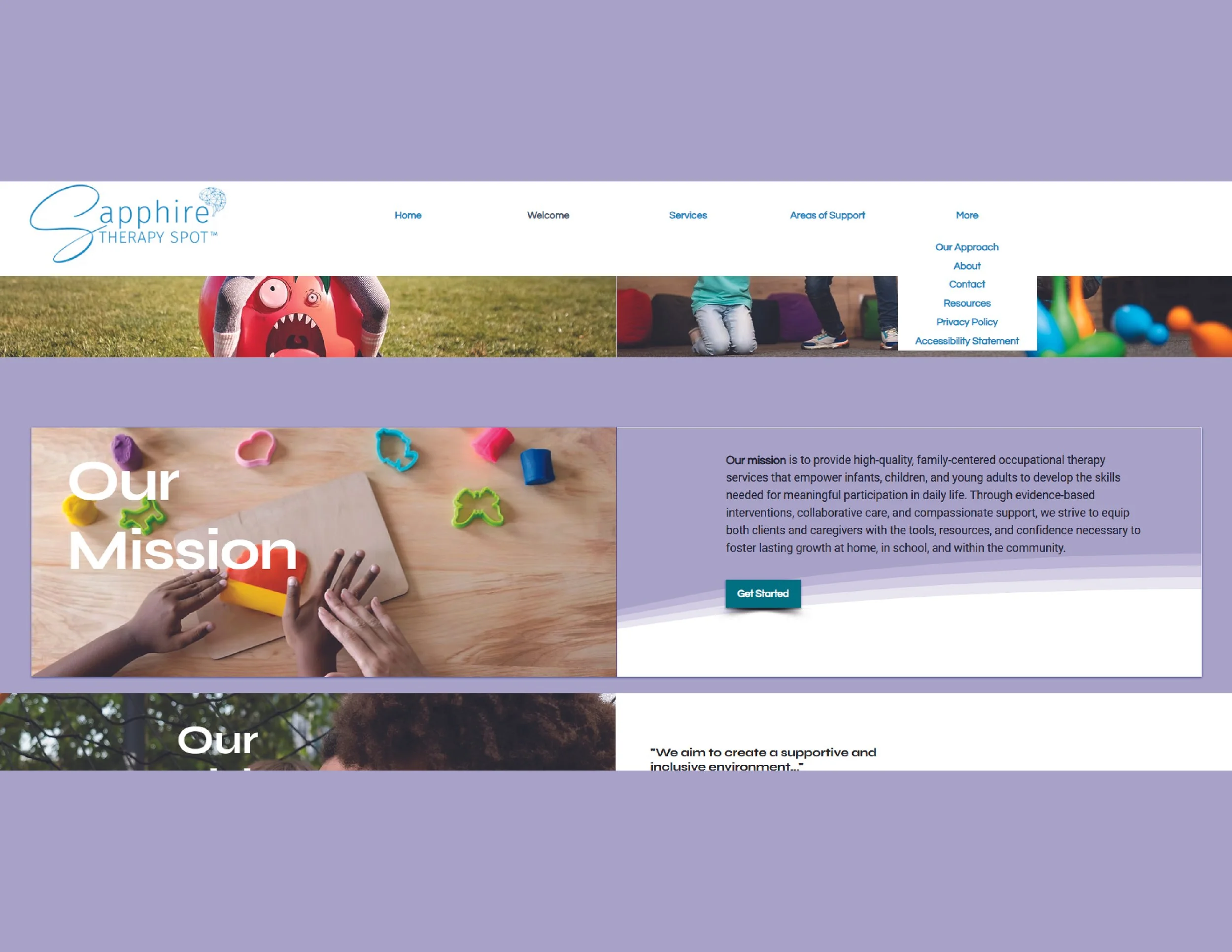 Screenshot of a website for Sapphire Therapy Spot, featuring a logo, navigation menu, images of children playing and engaging in activities, and a section with the mission statement and colorful toys on a wooden surface.