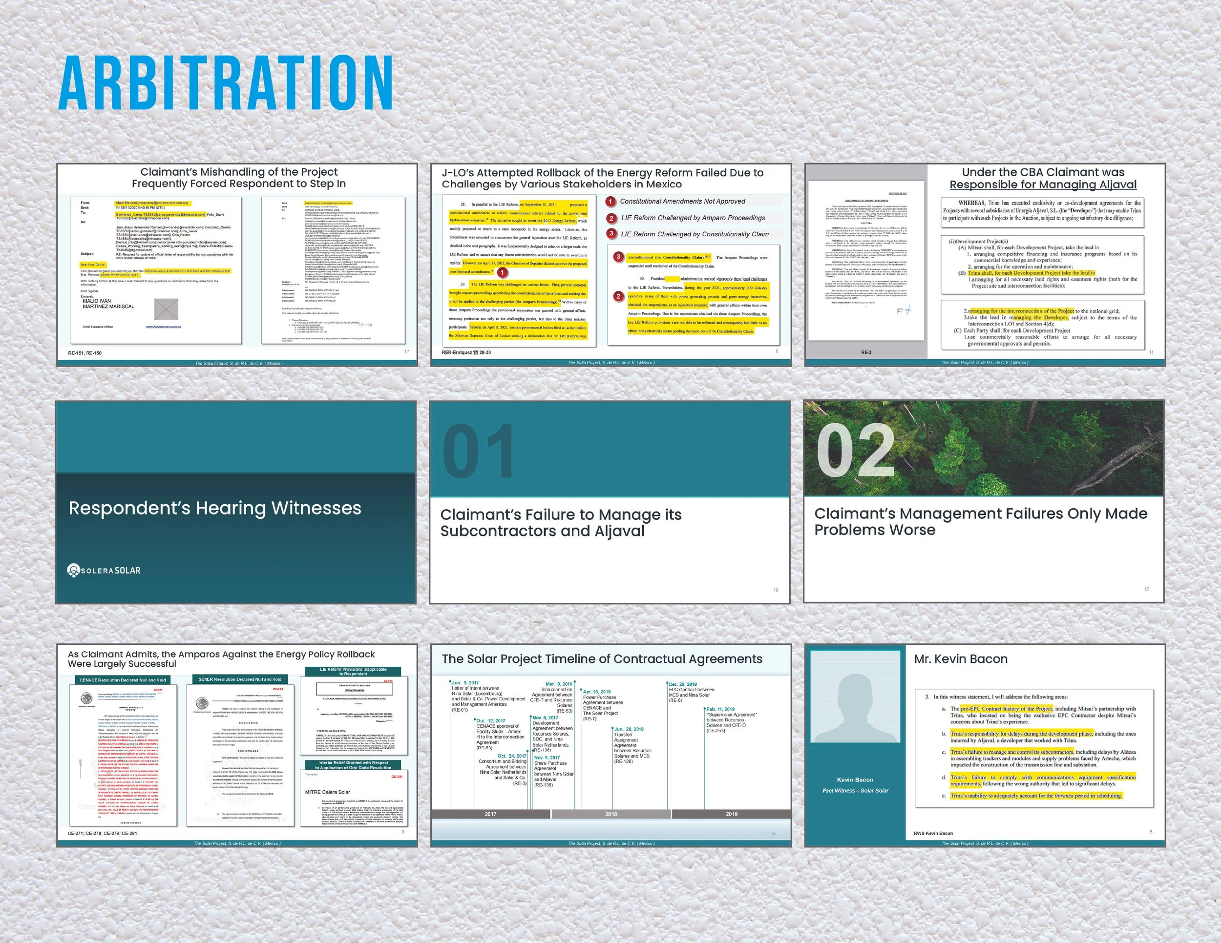 Slides from a presentation titled "Arbitration" featuring various documents, highlighted sections, a tree aerial photo, and a profile photo of Mr. Kevin Bacon.