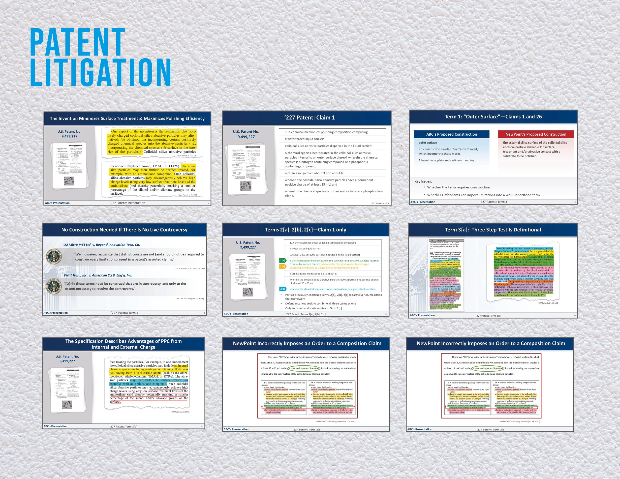 A collage of nine presentation slides about patent litigation with headlines, highlighted text, and diagrams.