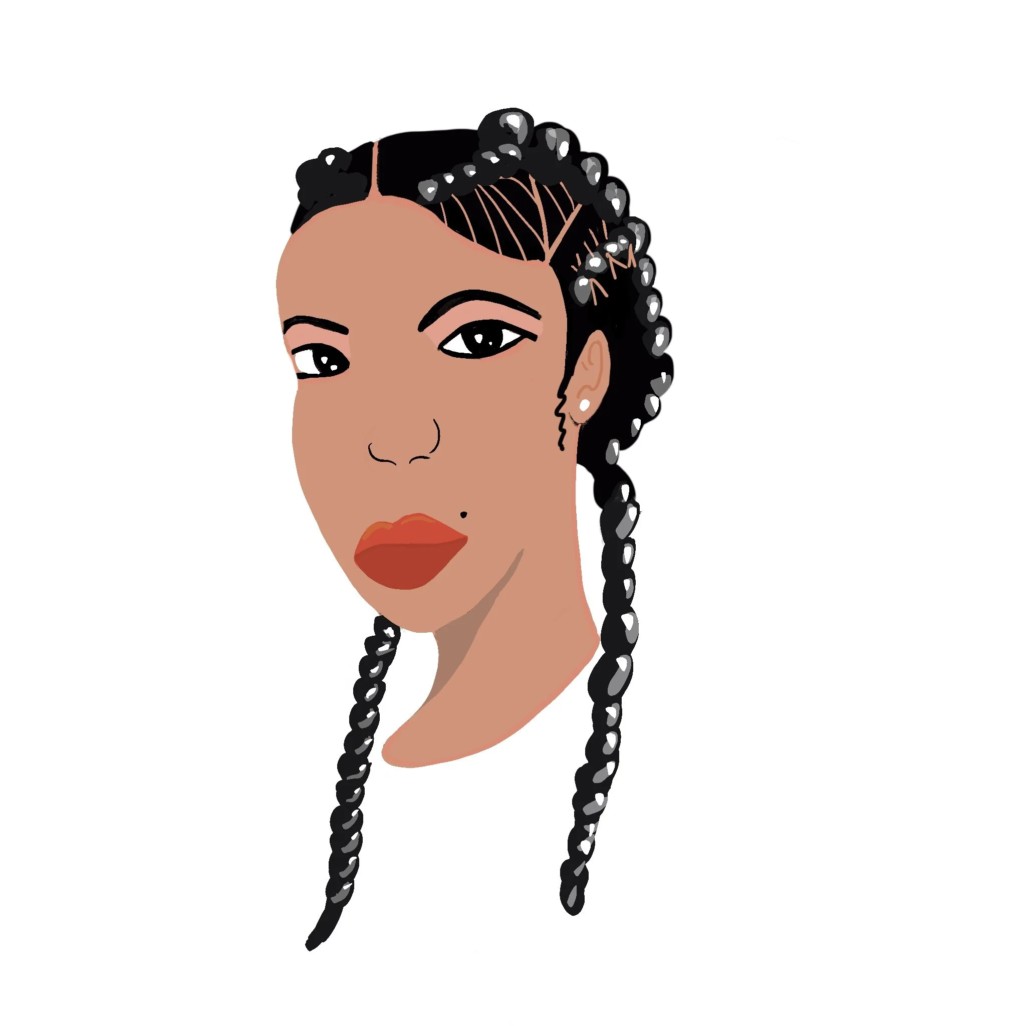Illustration of a woman with braided hair, wearing earrings, with makeup and brown lipstick.