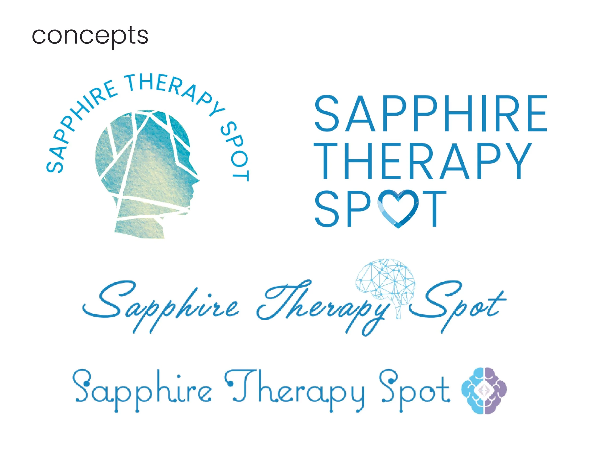Multiple designs and logos for Sapphire Therapy Spot, including a profile of a person with a water-colored head outline, a graphic of a brain, and various stylized text in blue, with heart, brain, and abstract motifs.