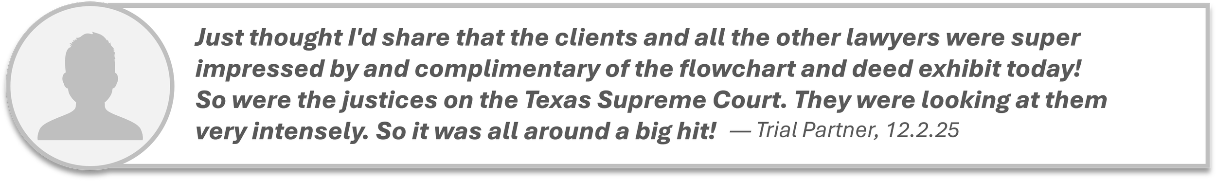 Testimonial quote in a light gray speech bubble with a photo icon of a person on the left. The quote talks about being impressed by a flowchart and deed exhibit, and mentions Texas Supreme Court judges looking at them intensely, dated December 2, 2025.