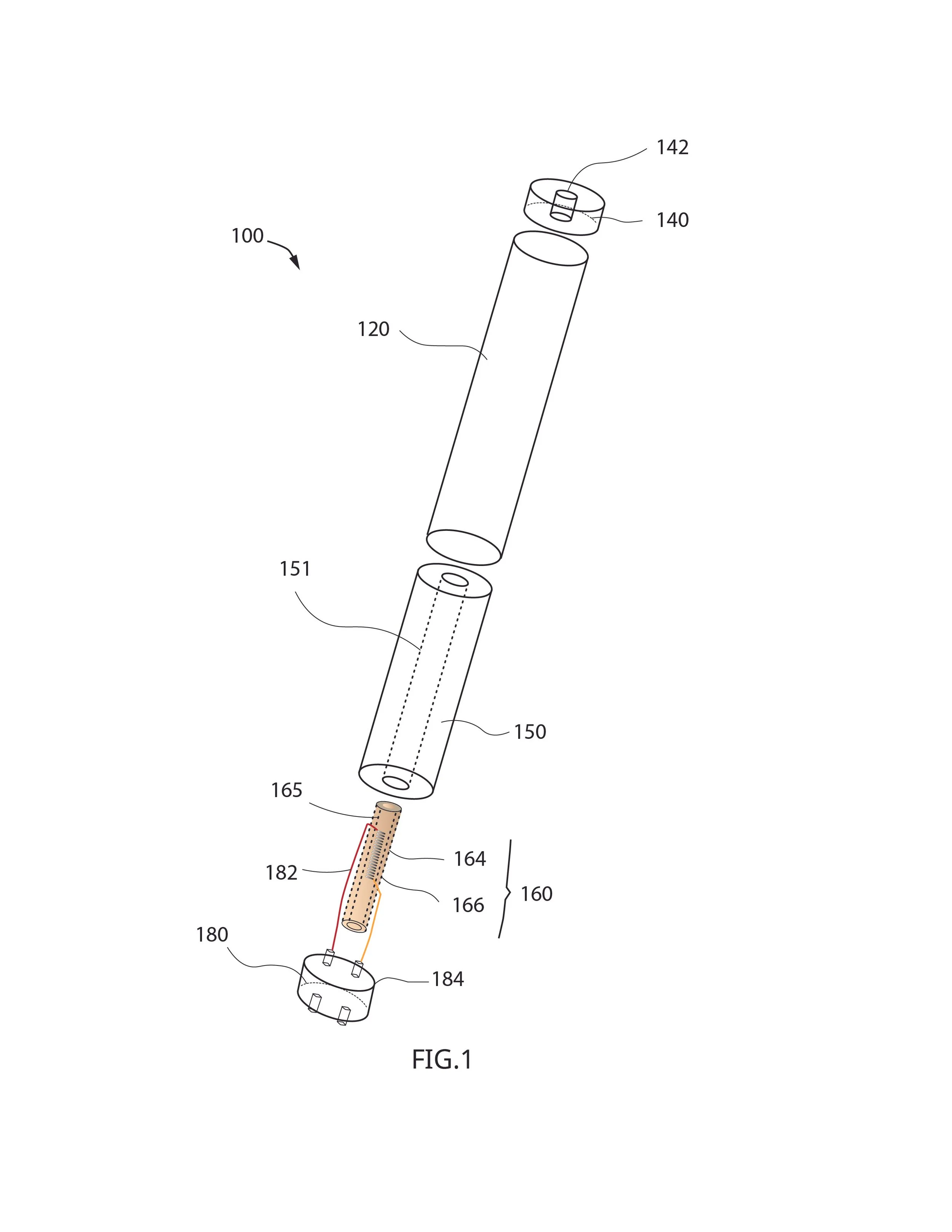 A technical diagram of a cylindrical device with labeled parts including a top cap, cylindrical body, internal components, and a bottom cap with electrical connections.