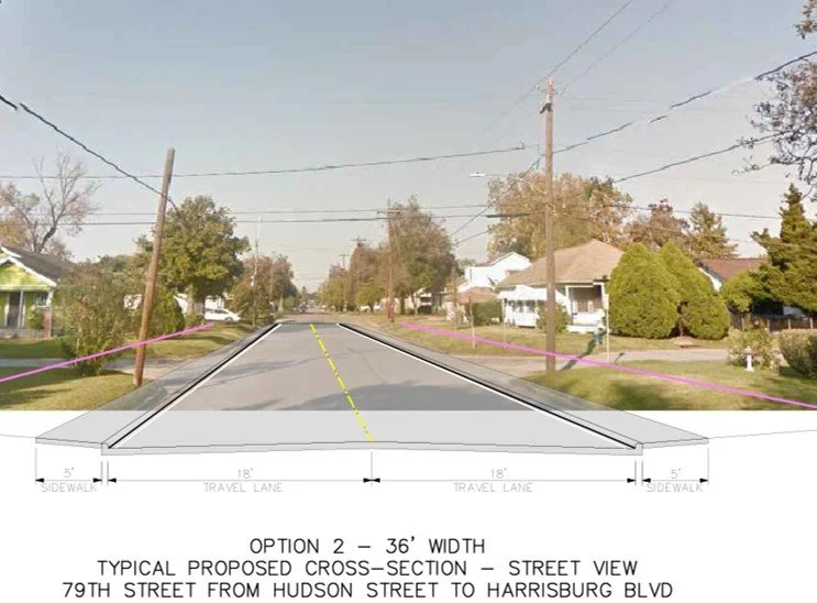 Diagram showing a proposed cross-section of a 36-foot wide street with two travel lanes, sidewalks on both sides, and dimensions for roadway and sidewalks.