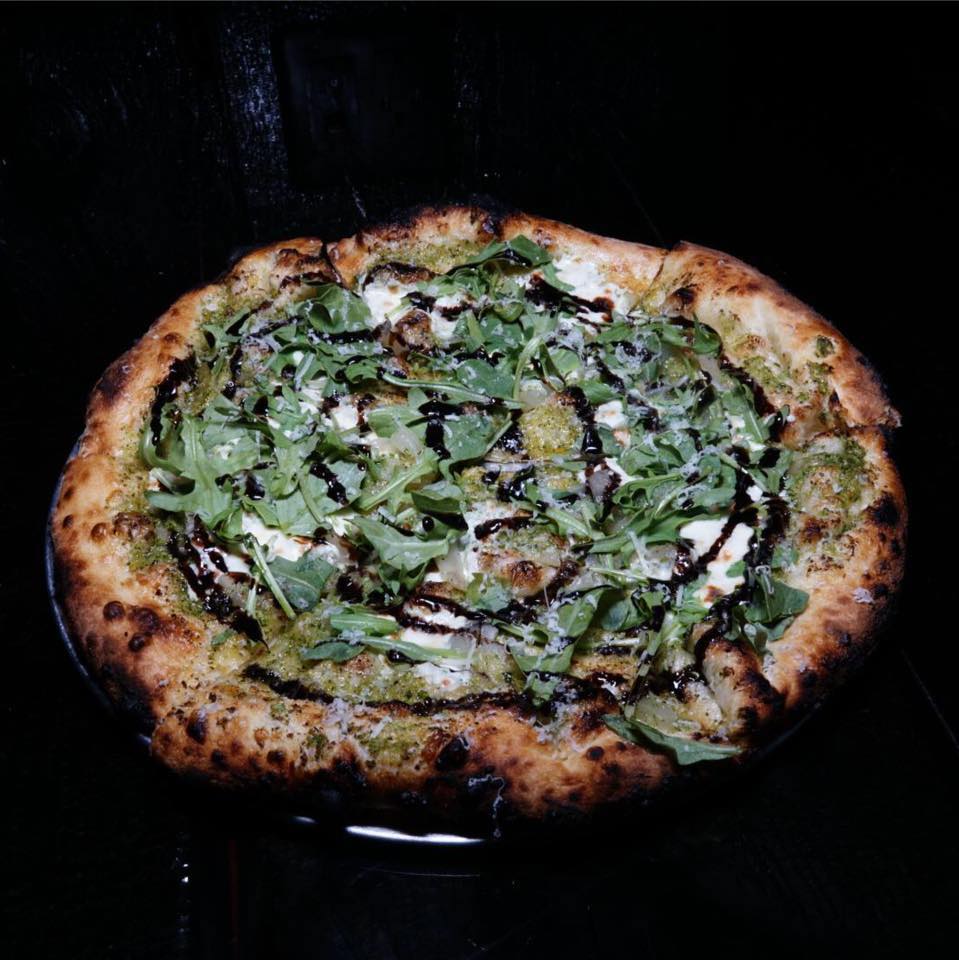 debbie's veggies - broccoli pesto with goat cheese, caramelized onions, arugula and balsamic glaze