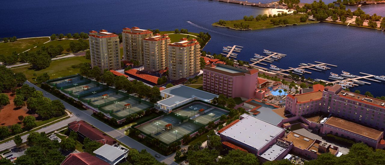 Aerial of proposed parking garage with tennis courts on roof