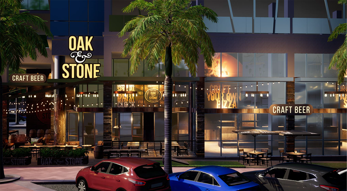 rendering of oak and stone, a pizza and beer joint, opening at hyatt place in downtown st pete