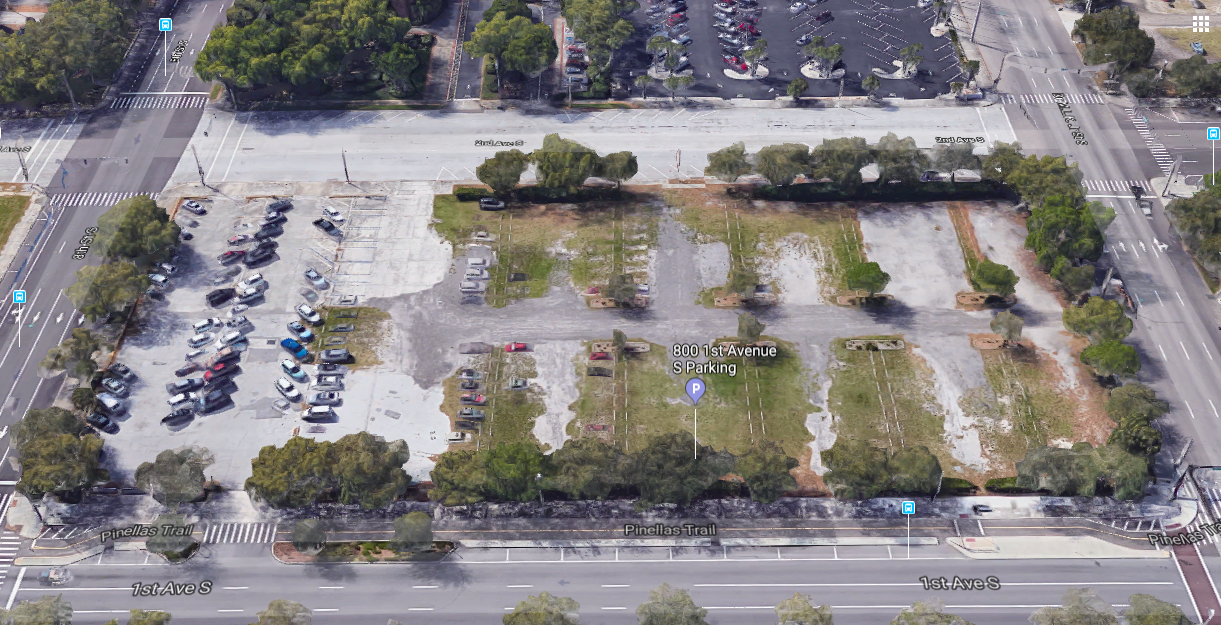 The empty lot at 800 1st Ave S that UPC Insurance has proposed offices, retail, and possibly a hotel.
