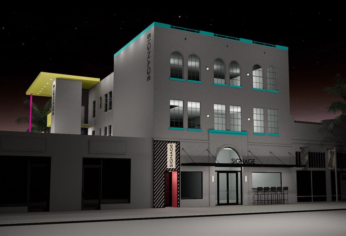 In addition to new paint, which features bold blue, yellow, and pink tones, the building will receive a new sidewalk awning. Nighttime renderings show new uplighting as well.
