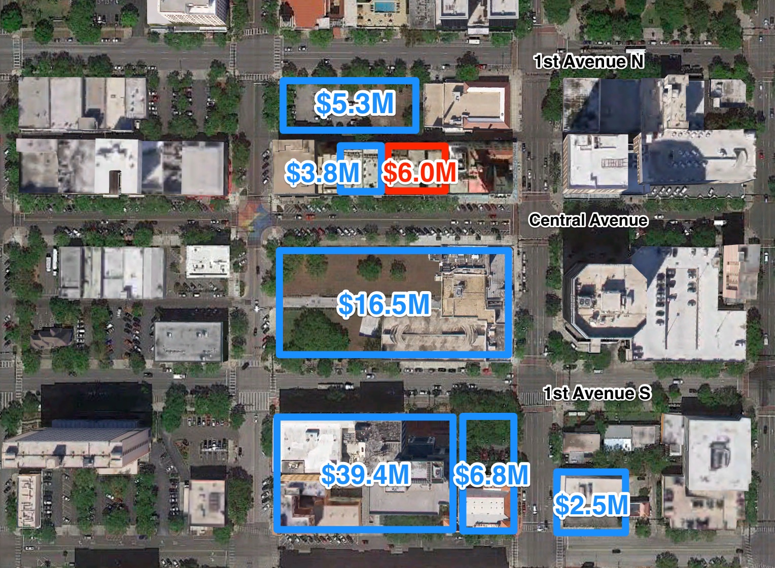The 400 block of Central Avenue and the surrounding area has seen increased investment activity in recent years. The McCrory building at 433 Central is outlined in red with nearby sales that have occurred within the last three years.