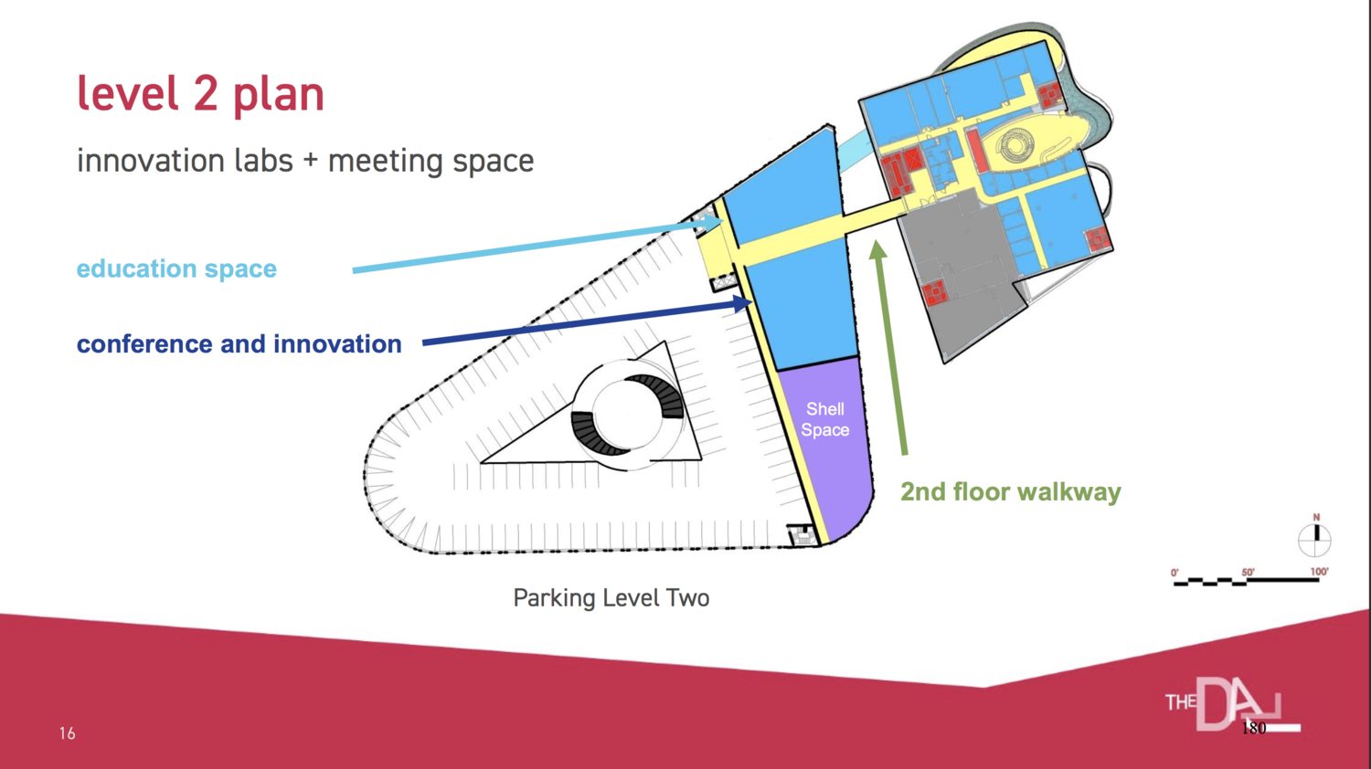 Education and Event space will be located on level 2, connected by a bridge to the current museum space