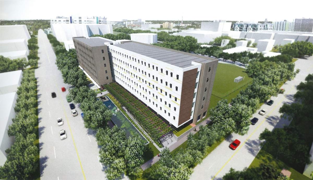 An early rendering of the building is shown here without exterior enhancements.