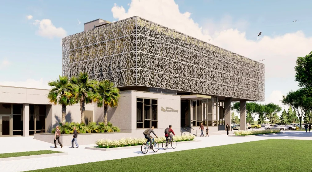 Rendering of the entrance to the St petersburg Museum of History expansion at 335 2nd Ave NE in downtown St Pete. renDering from arc3 arCHitecture.