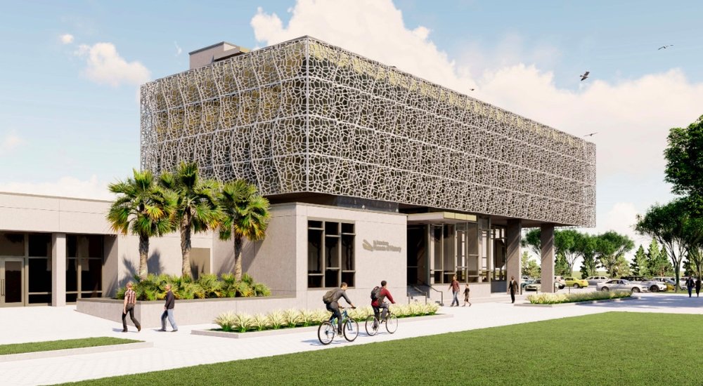 Rendering of the entrance to the St petersburg Museum of History expansion at 335 2nd Ave NE in downtown St Pete. renDering from arc3 arCHitecture.