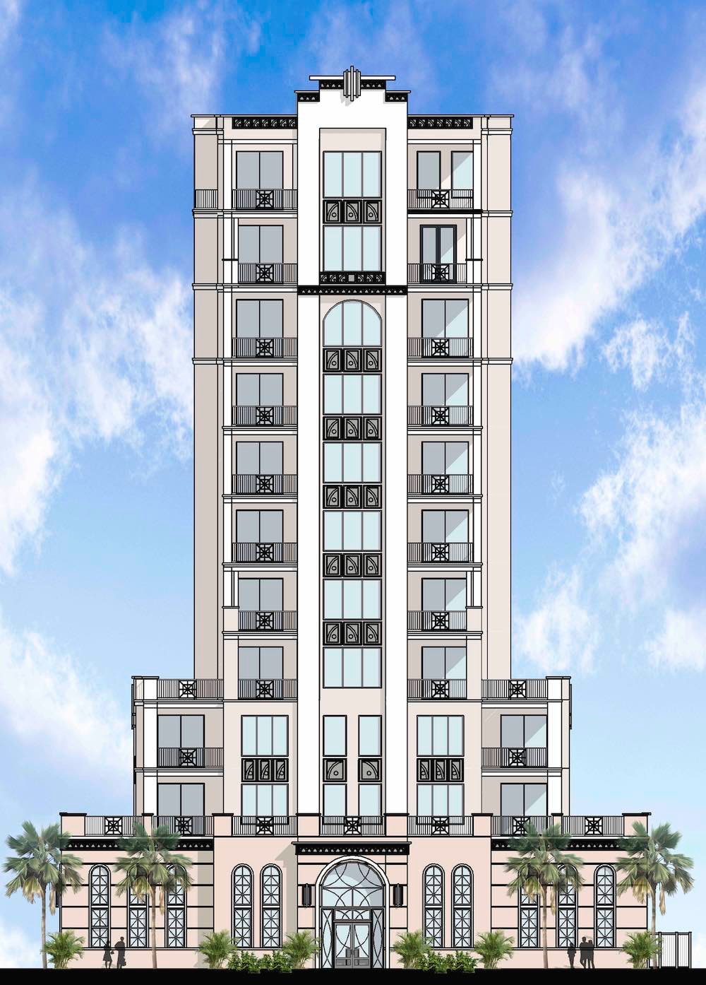 An elevation of The Perry, a 12-story 20-unit condo tower proposed for 136 4th Ave NE in Downtown St Petersburg, FL