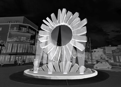A night rendering of  The Sun on the EDGE  to be installed at the roundabout at 11th St and Central Ave