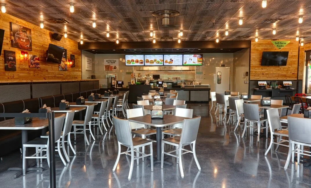 The typical interior layout of a BurgerFi restaurant