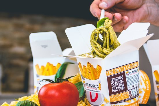 Dal Moro’s pasta is packaged in take out boxes which are convenient for quick dine-in or carry out.