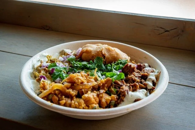 OH LAWD HE COMIN - Palau, Lentils, Curry chicken, Sorpotel, Cauliflower & Potato, 1 Samosa, Rooster Sauce, tamarind, Yogurt, cilantro, chilis, onion