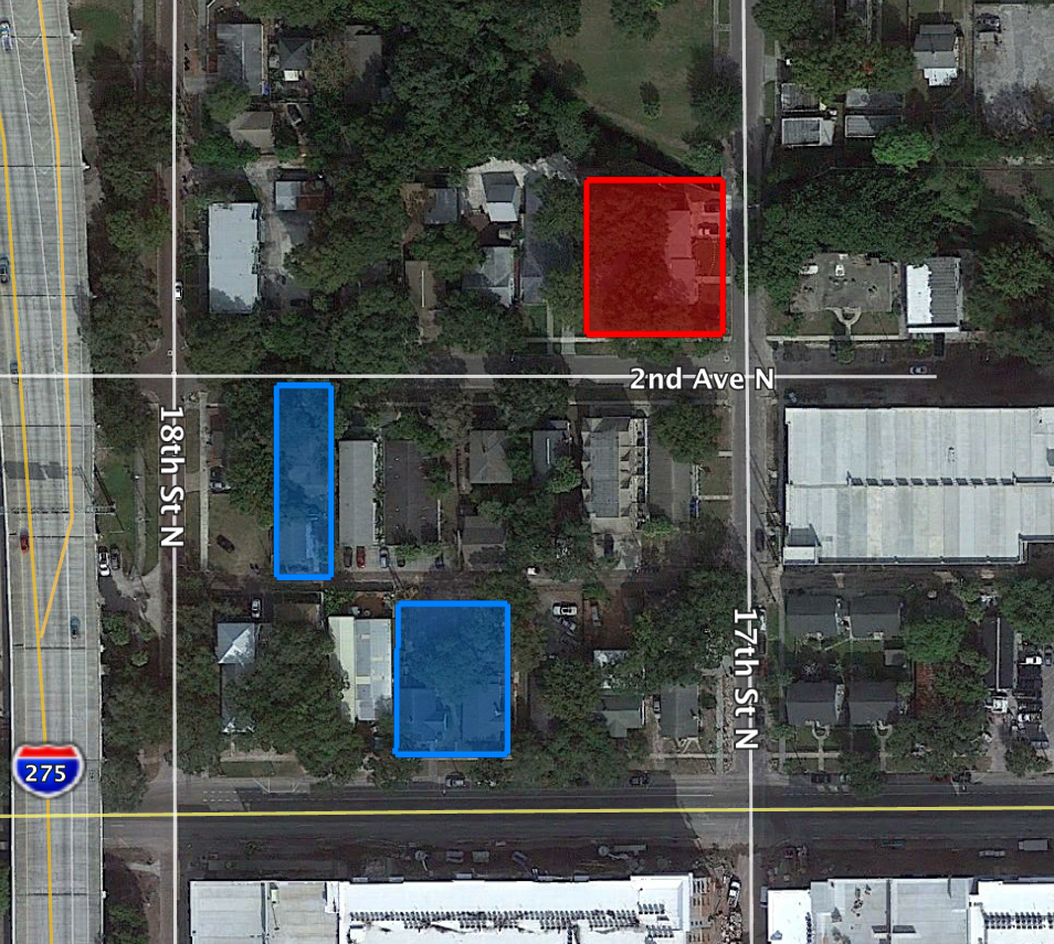 200 17th Street is shown in red while Zhukovskyi’s previous two proposed buildings, 1750 2nd Ave N and 1735 1st Ave N, are shown in blue.