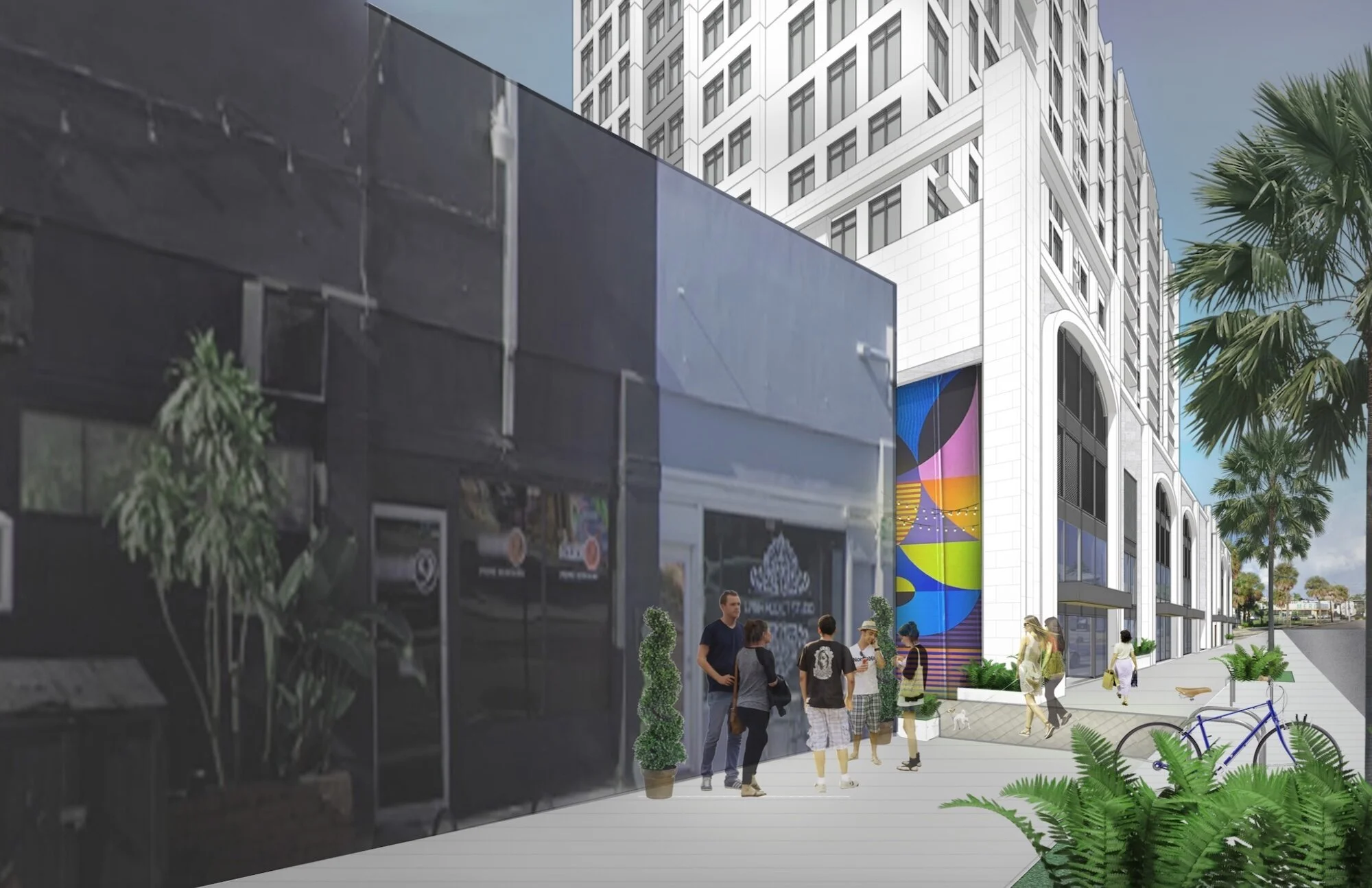 A street level rendering showing a passeo between the existing building at 900 1st Avenue North and the new 15-story tower at 1000 1st Avenue North