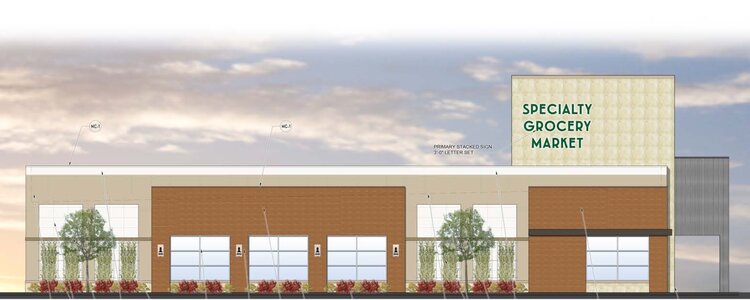 The West Side elevation of an organic grocery store proposed for 201-205 38th Avenue North