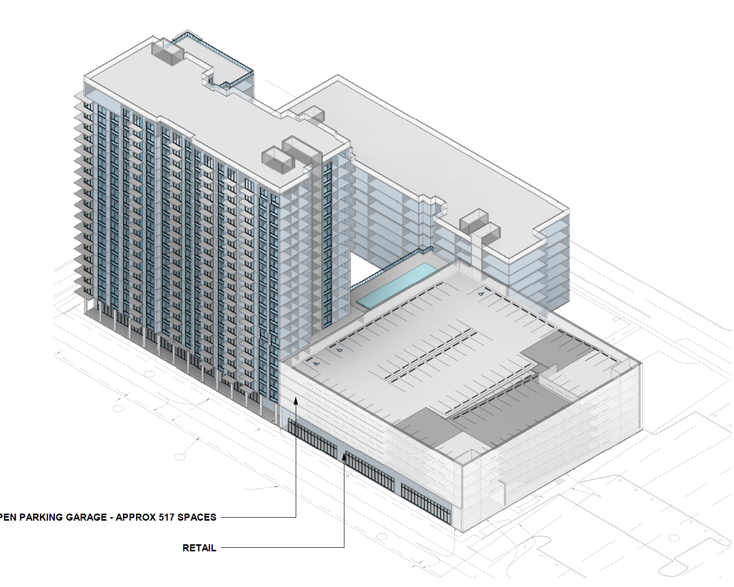 A 517-space parking garage with ample bicycle parking will be located on the western portion of the property.