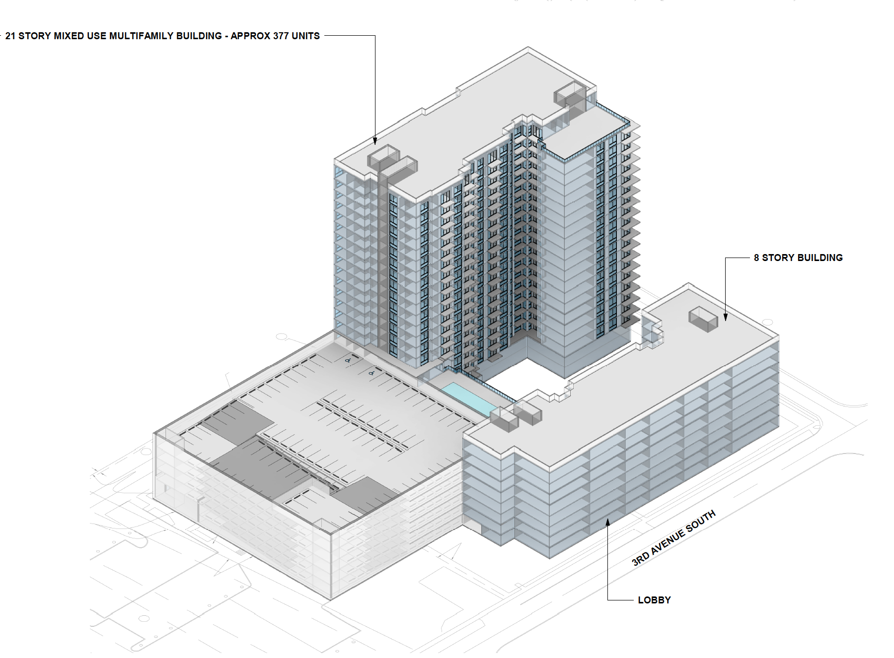 The project would consist of a 21-story tower along with an adjacent 8-story building and 19,000 square feet of retail space.