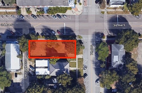 The development will front 3rd Avenue South across from the Palm Grove Inn in downtown St. Pete. Image from Google Earth.
