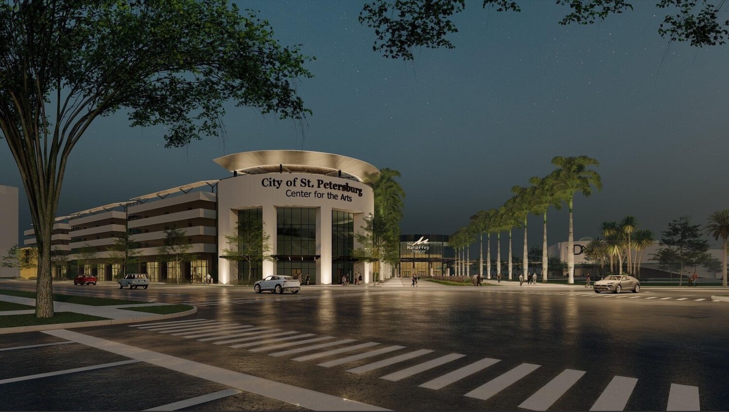 The Center for the Arts Plaza entrance at night