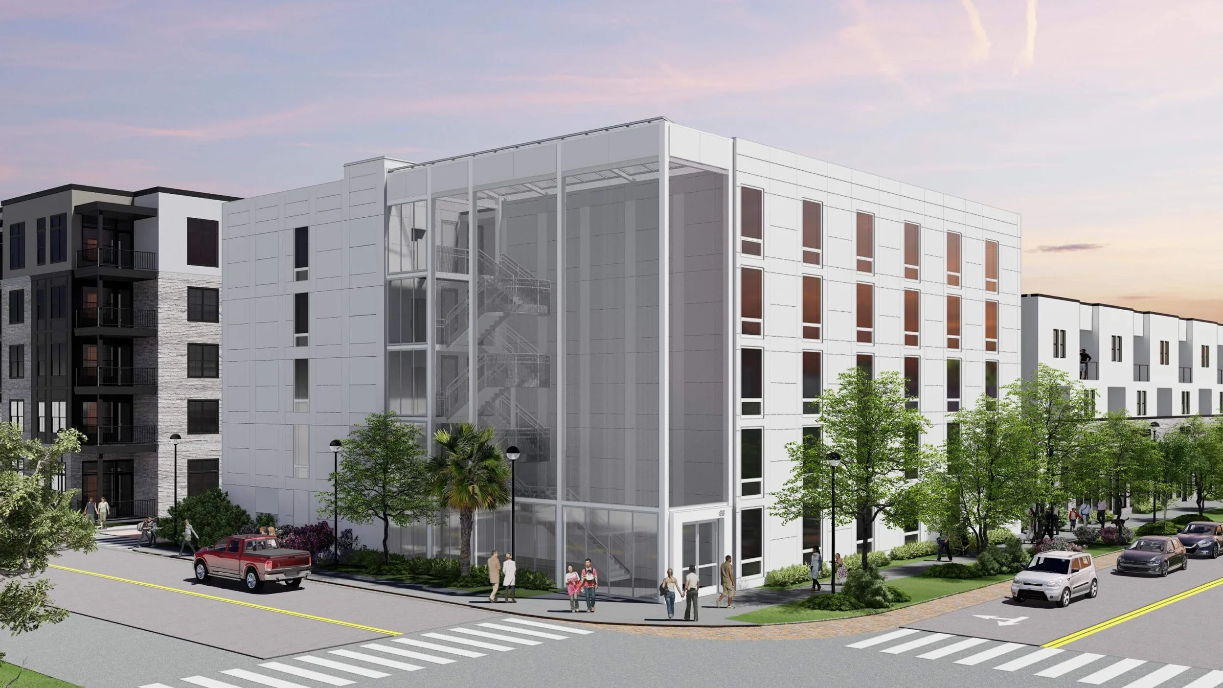 Revised plans proposed for retail village and five-story apartment building in the Grand Central District