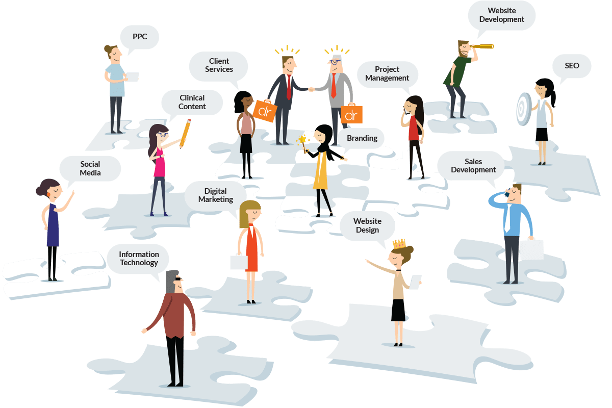 Customized team member illustrations.