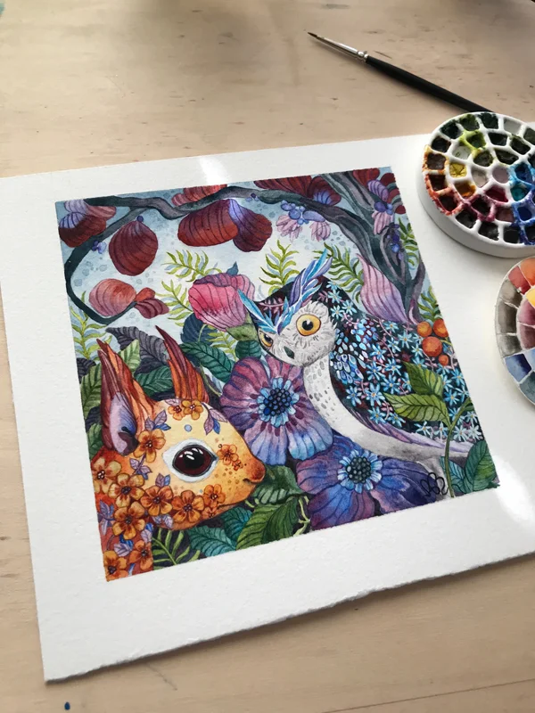 Owl and a Squirrel-Original Watercolor Painting