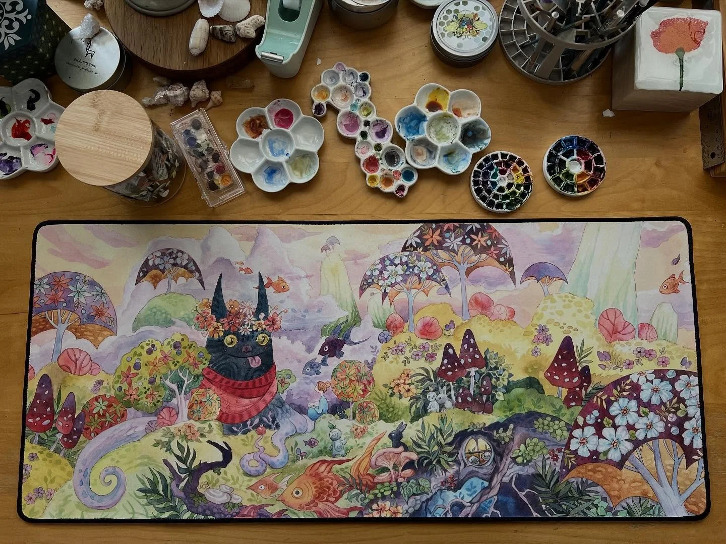 I made my first desk mat, and expanded an existing watercolor painting to do it! I only have 10 of them for now, but I&rsquo;m really excited to see my work in this format ❤️