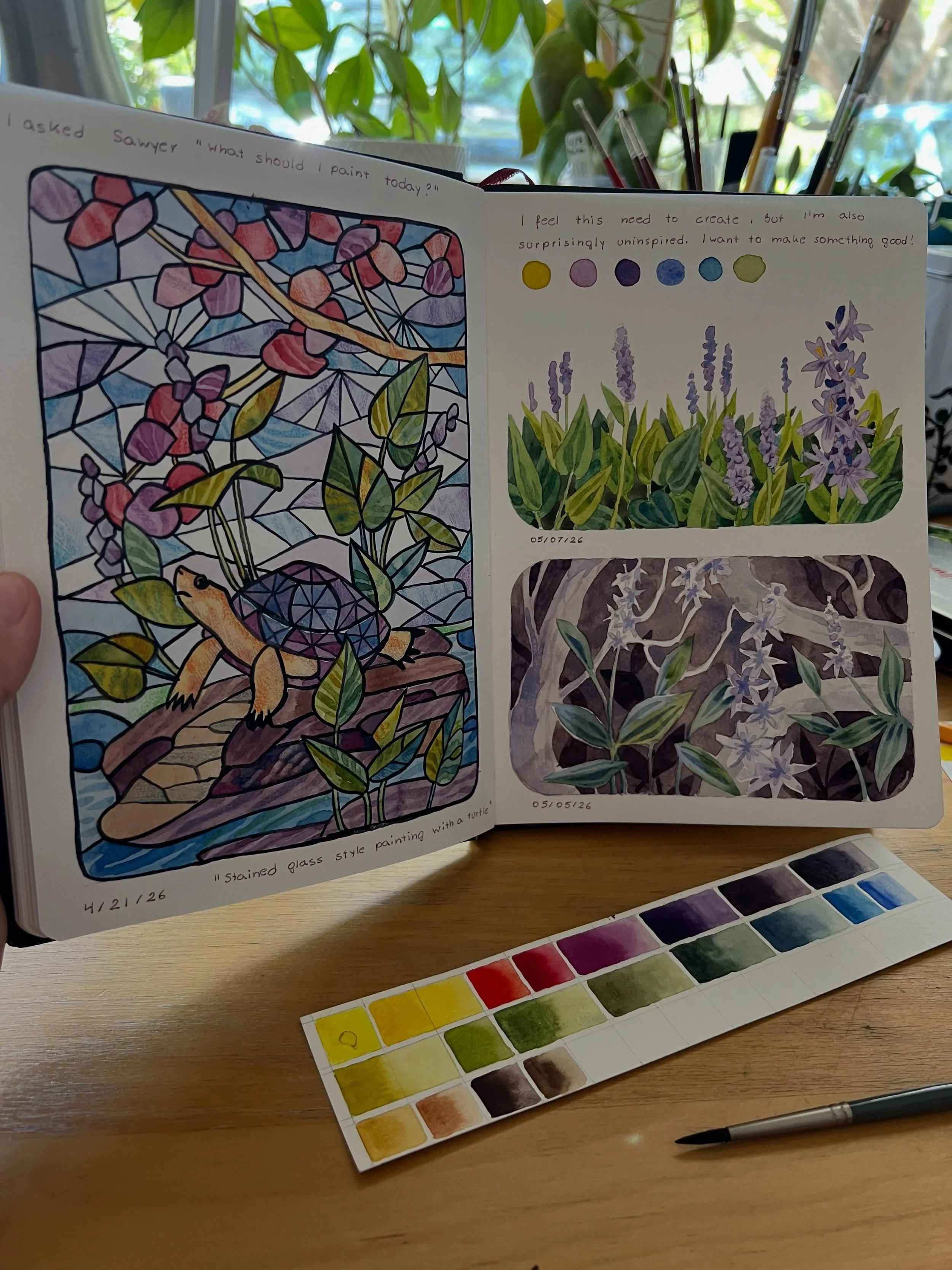Art journal spread, feeling a bit uninspired lately.  The stained glass painting was my son&rsquo;s idea, and was surprisingly difficult.