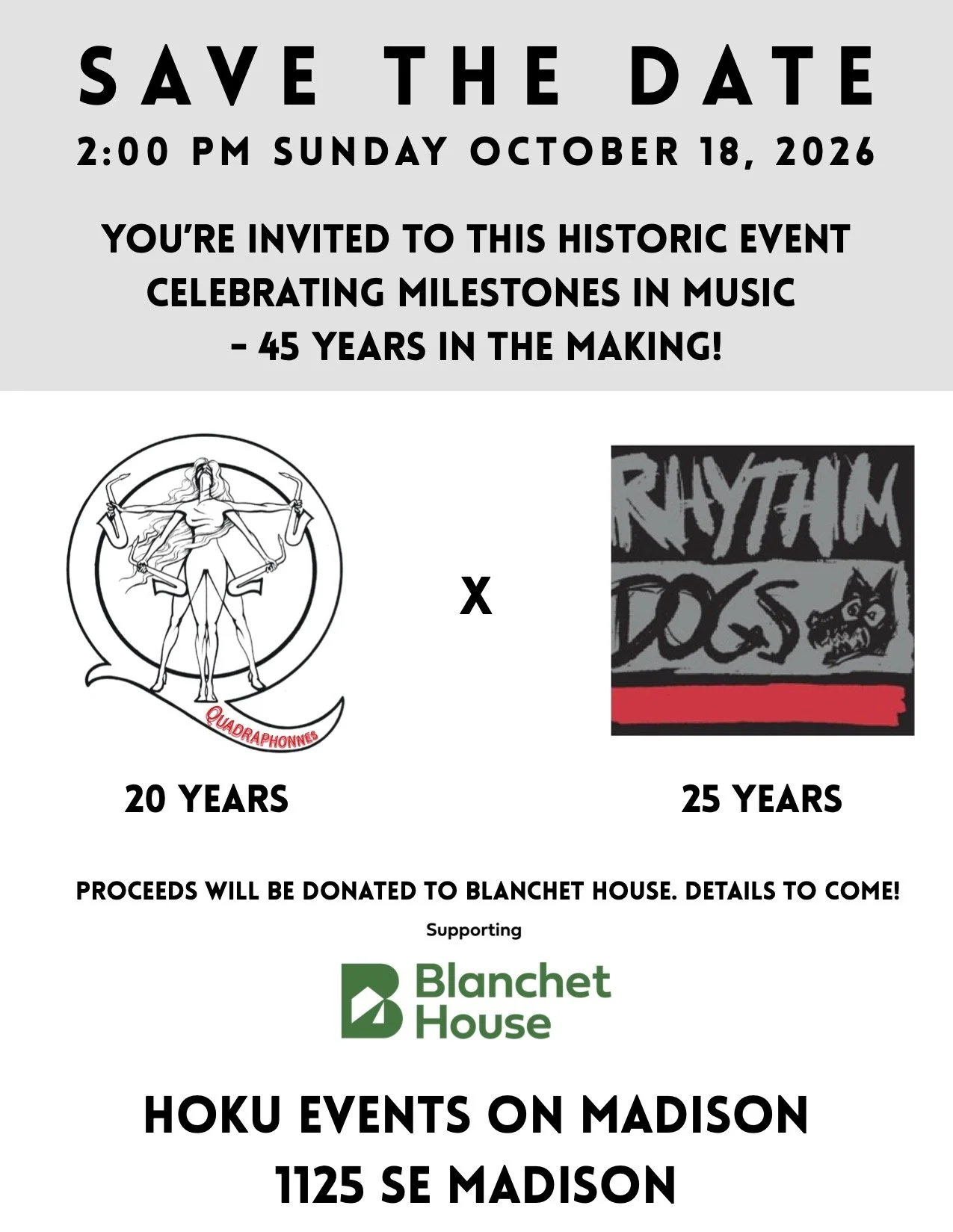 Blanchet House Fundraiser with Quadraphonnes and Rhythm Dogs