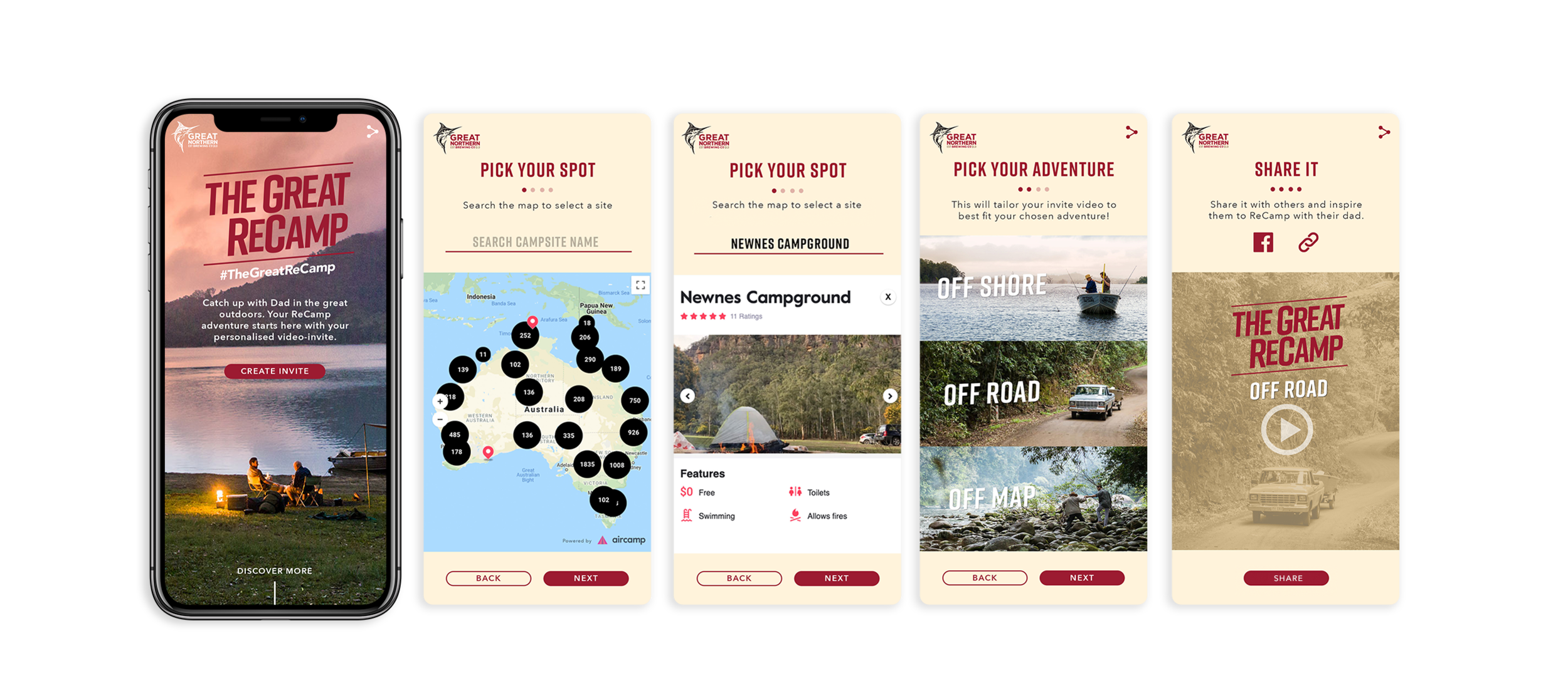  -  We curated a database of over 7,000 campsites across the nation, while a geo-specific booking and invitation engine let people created personalised invites to get together in the great outdoors.   