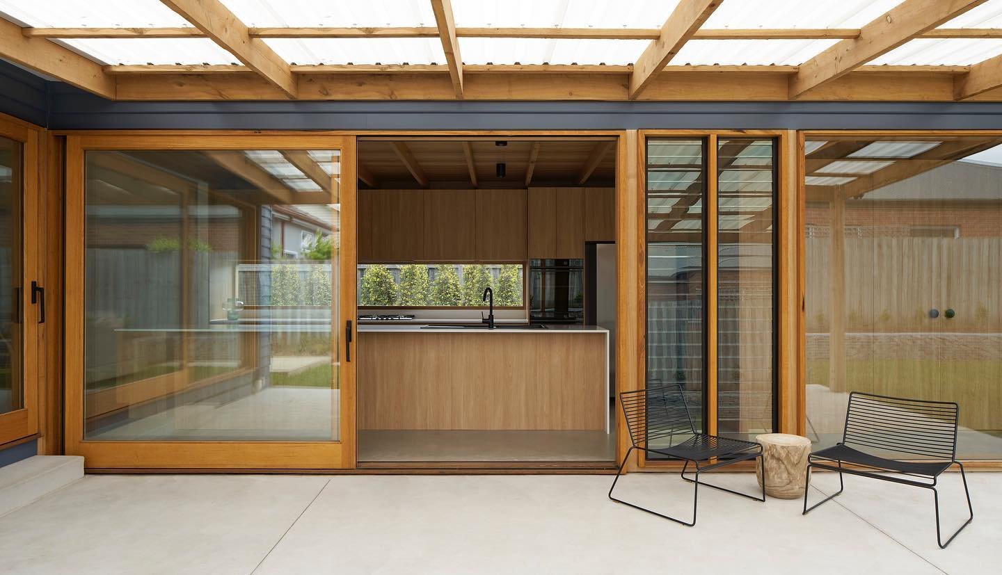 Union House 
Renovation in Belmont, Vic, which blends the existing period weatherboard home into the new extension. An exposed hardwood ceiling, oak kitchen and concrete floor offer a warm transition space between the open plan dining / living area t