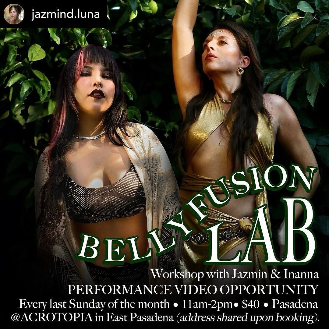 Performance opportunity &amp; monthly workshop! Posted @withregram &bull; @jazmind.luna 🌟 Join us for Bellyfusion LAB! 🌟

Dance with Inanna &amp; Jazmin De Luna in this MONTHLY OPEN LEVEL FUSION DANCE WORKSHOP! 

👉 Includes a performance video! 🎥