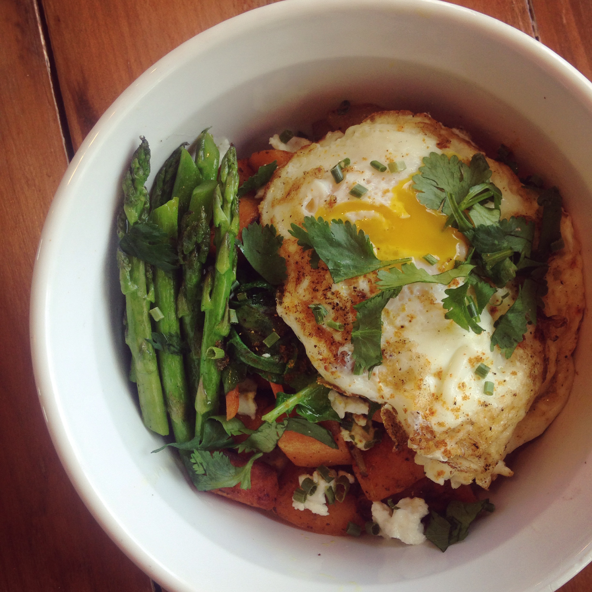Curried Sweet Potato Hash with Egg, Greens & Asparagus