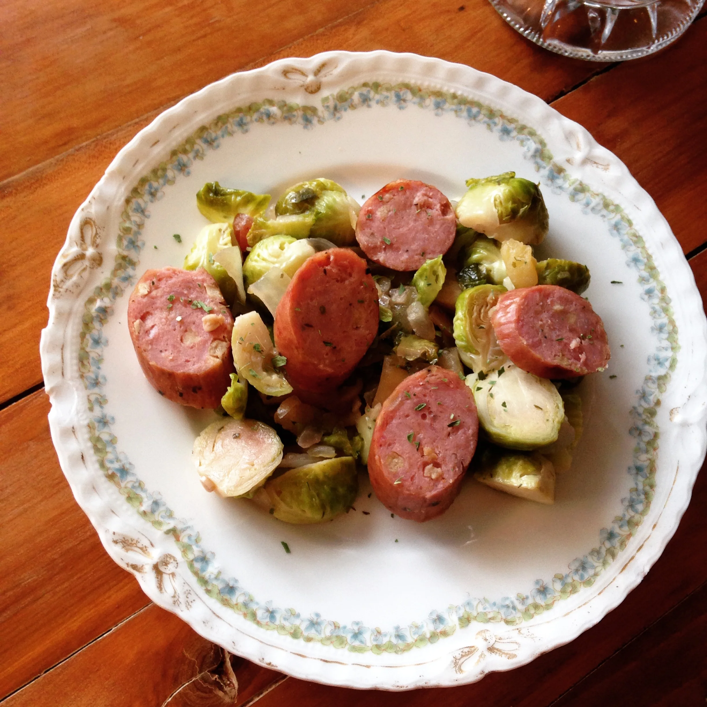  Drunken Brussels with Apple Chicken Sausages