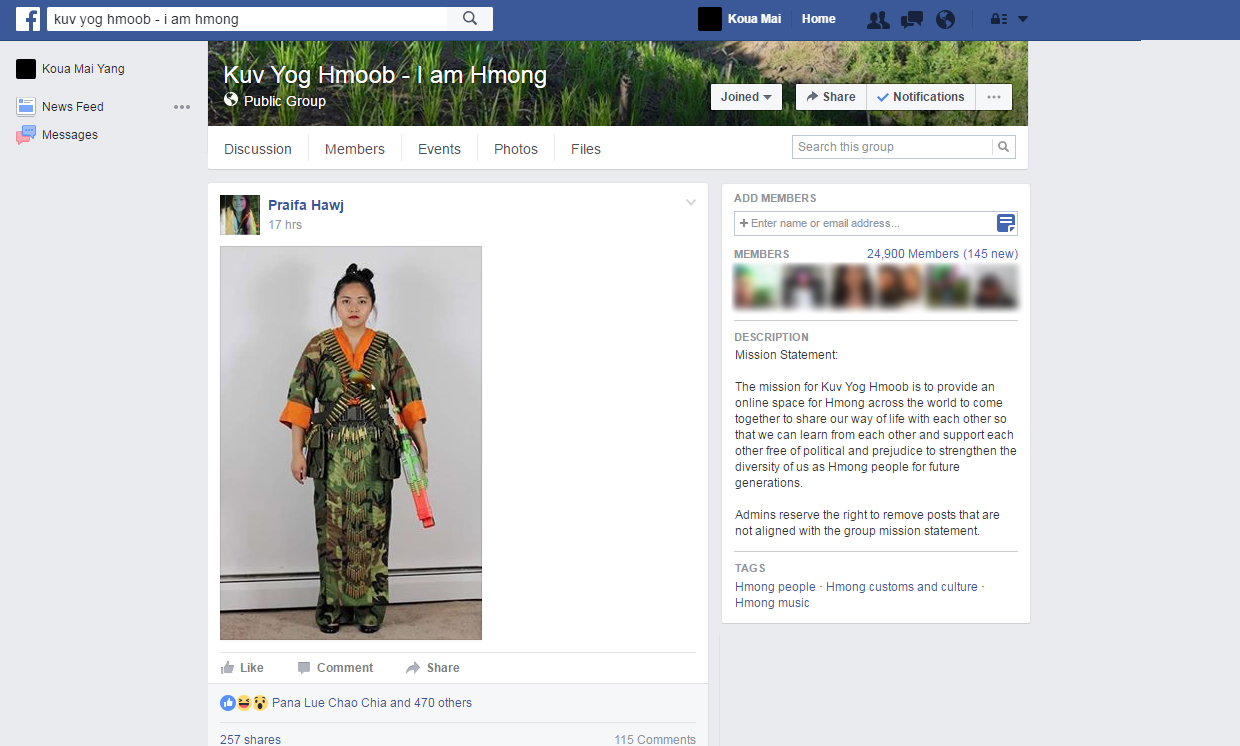 Praifa Hawj originally writes in her post: "Xyoo tshiab no pua xav tia nyiam cev khaub ncaw no thiab" (Translates: For this New Year, would you like these clothes?) Hawj does not credit me and inserts her own context into the work. Hawj later deletes her comments a couple of hours later. 