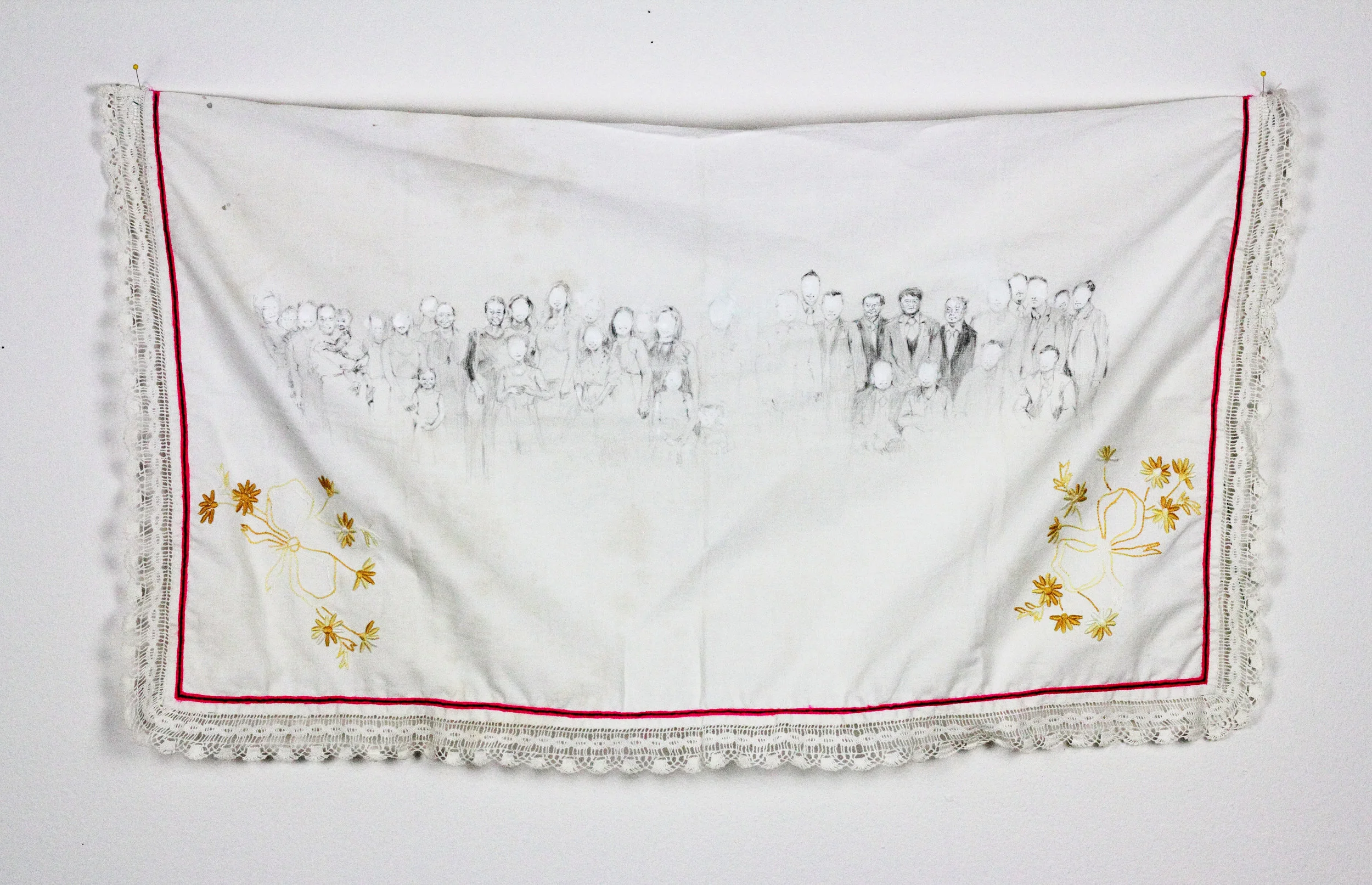 Back Piece #8, Dab Tsho #8, 36 inches x 19.5 inches, graphite, acrylic, table cloth, fabric, thread, needles. 2016