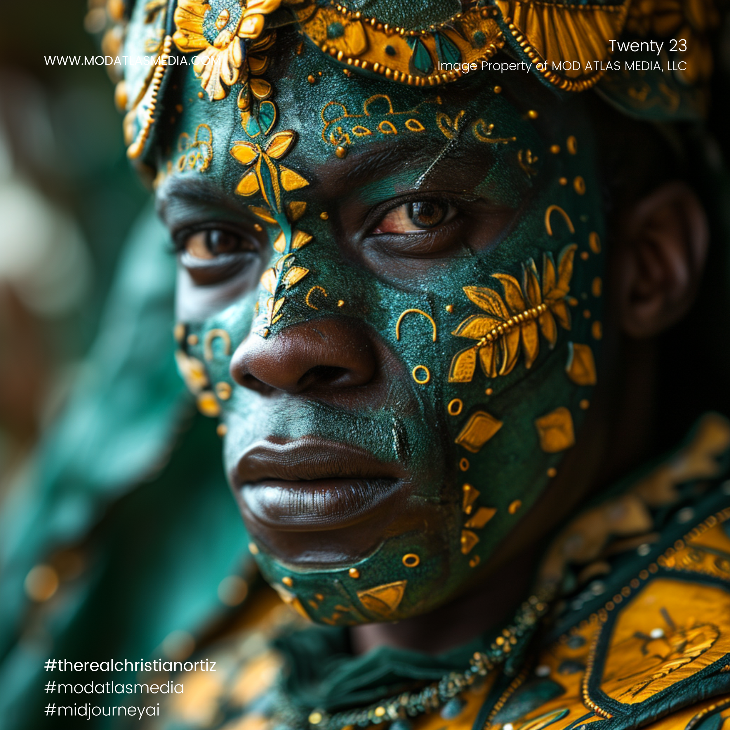 Close-up of a person's face painted in green and decorated with gold leaf and patterns, dressed in colorful traditional attire, with intense expression.