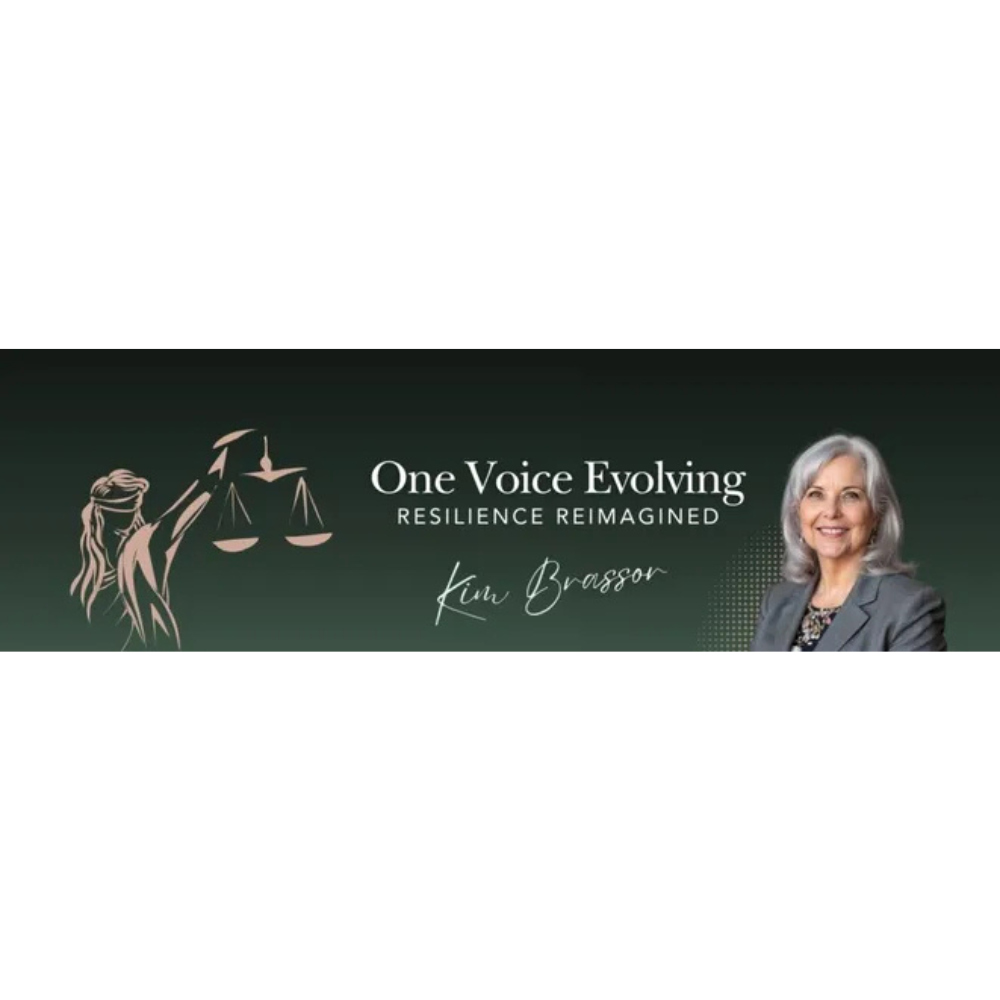 Banner with a digital drawing of Lady Justice holding scales, text saying "One Voice Evolving Resilience Reimagined," and a photograph of Kim Brashar smiling and dressed in a professional blazer.